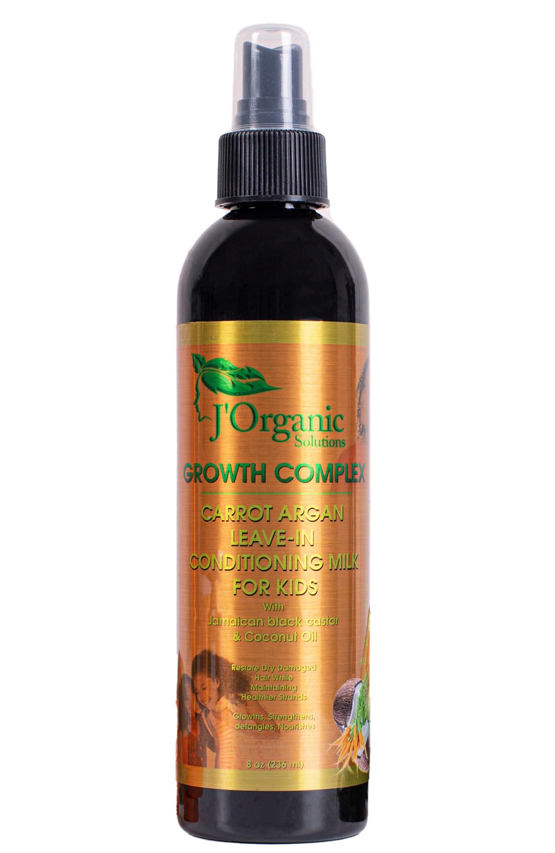 J'Organic Solutions Kids Carrot & Argan Leave-In Detangler with Jamaican Black Castor & Coconut Oils, detangler for curly hair, Revitalize & Sustain Healthy Hair