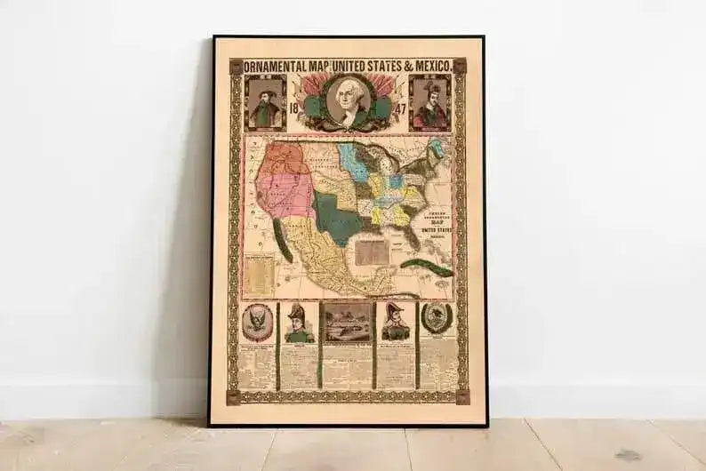 Ornamental Map Of The United States & Mexico| 1800s America Map