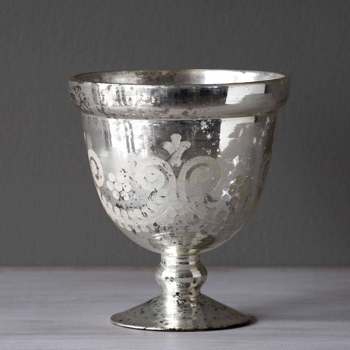 Mercury Glass Scroll Pattern Etched Compote