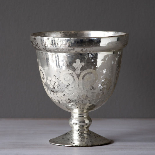 Mercury Glass Scroll Pattern Etched Compote