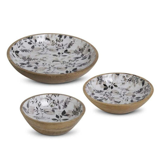 Wooden Plates w Black & Gray Botanical Enamel