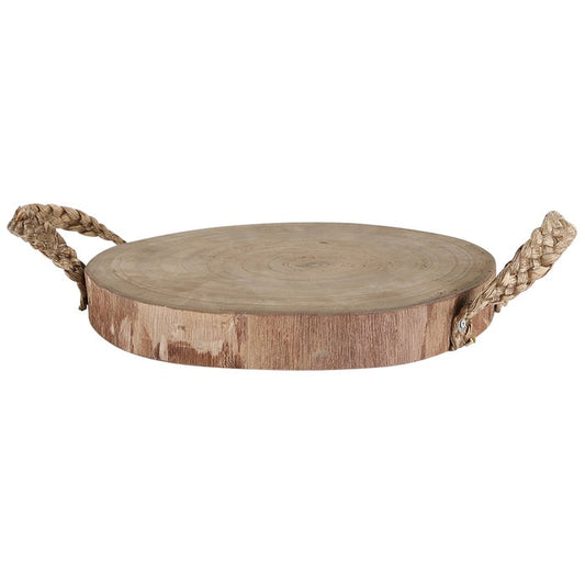 StyleCraft Wooden Accent Tray Round Natural Tabletop Accessory w/Rope Handles 13"x12"x4"