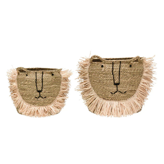 Hand-Woven Seagrass Lion Basket with Handles - Small