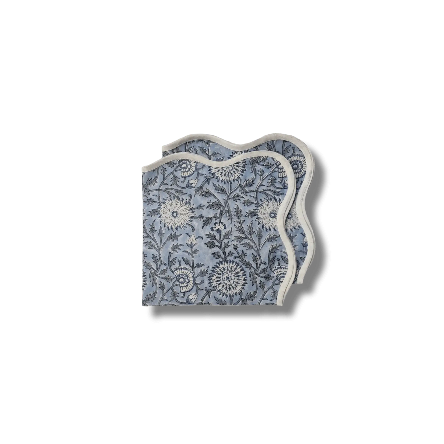 Hand Block Light Blue and Off White Scallop Cotton Napkins