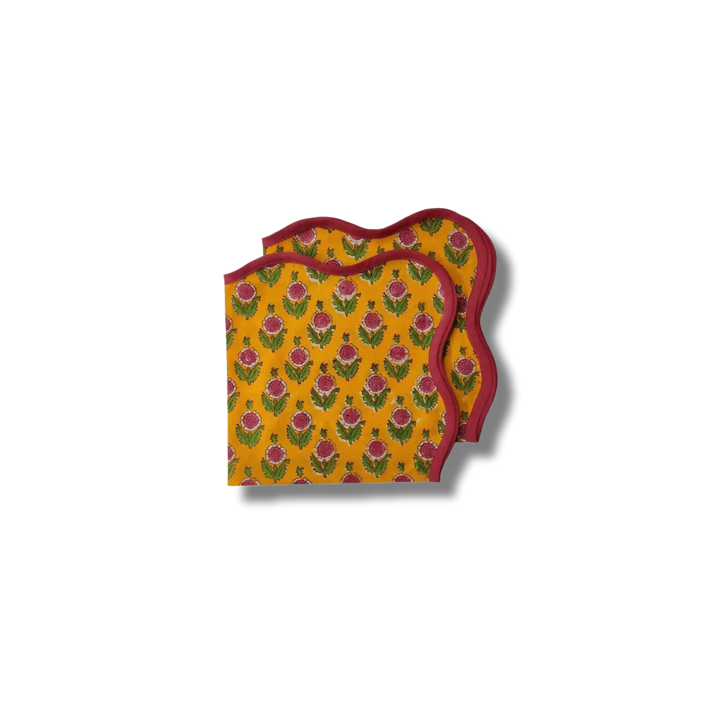 Scalloped Pink Flowers Yellow Block Printed Cotton Napkins