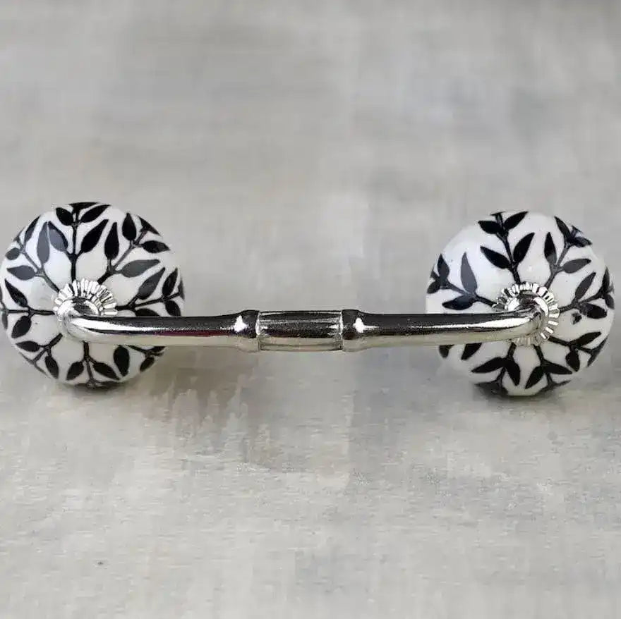 Stylish Black Leaves White Ceramic Cabinet Pulls - Set of 4