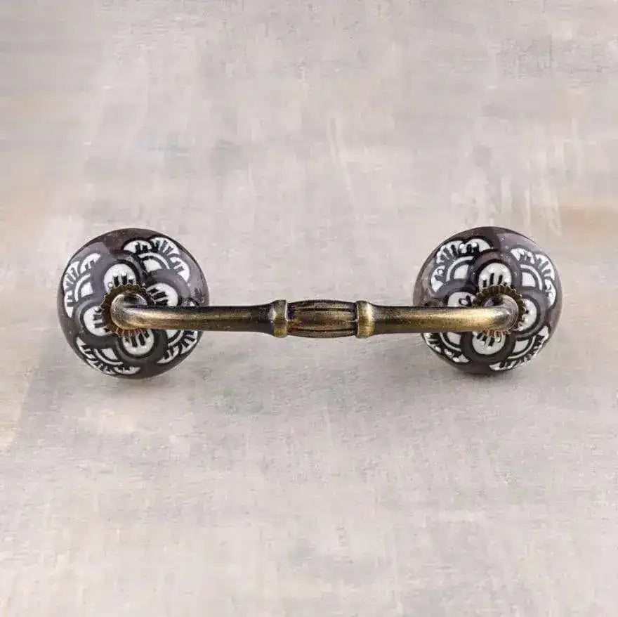 White Floral Brown Ceramic Cabinet Pulls - set of 4