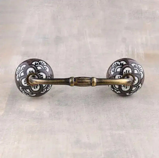 White Floral Brown Ceramic Cabinet Pulls - set of 4