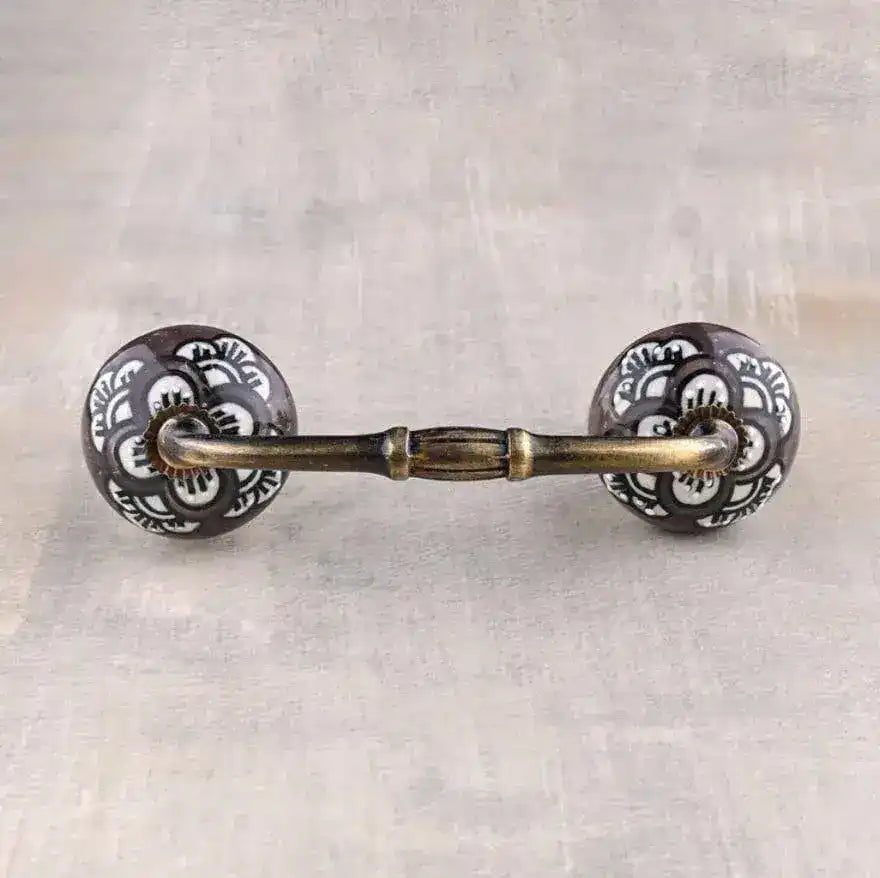 White Floral Brown Ceramic Cabinet Pulls - set of 4